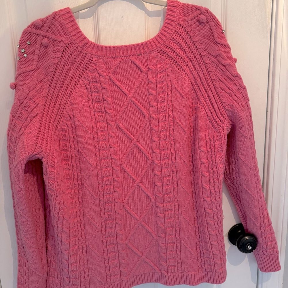 Boston Proper Embellished Cable Pullover Sweater Pink Carnation Size XL - Picture 4 of 8